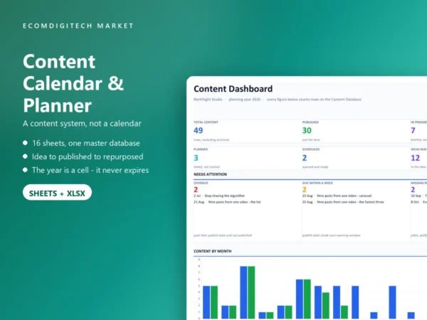 Content calendar and planner 2026 — a sixteen-sheet Google Sheets content management system